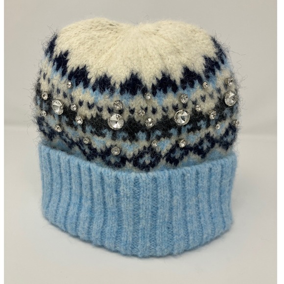 NWT Anthropologie Fair Isle Beanie Hat Blue White Black Rhinestone Embellished - Picture 5 of 7
